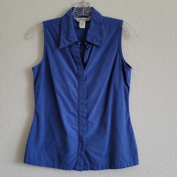 EXPRESS Tank Top Button Down Shirt Sleeveless Pleated Back Collar Size 6 Blue - Picture 1 of 7